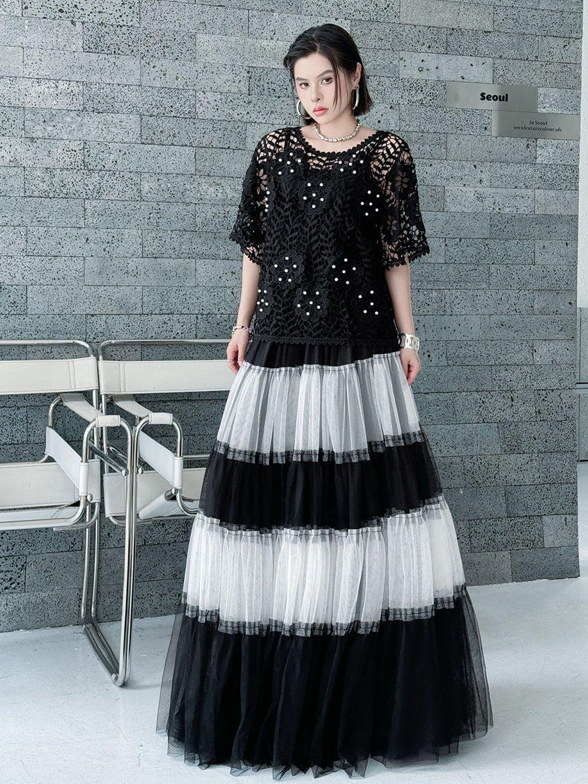 Contrast mesh tiered skirt