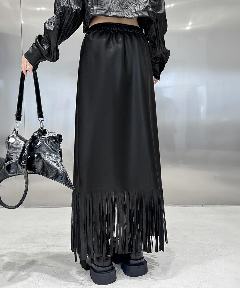 Faux leather fringe skirt