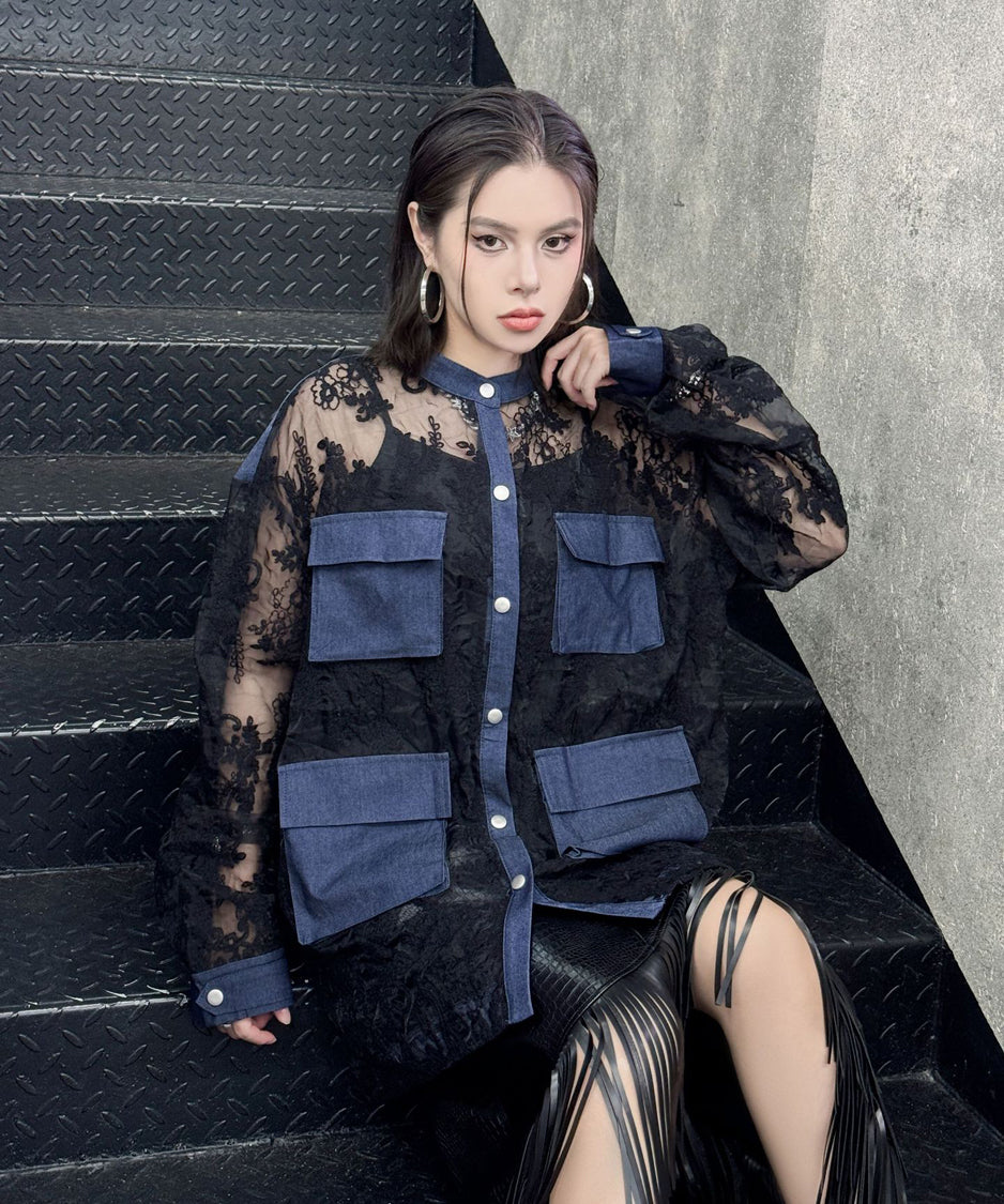 Denim stitch lace blouse