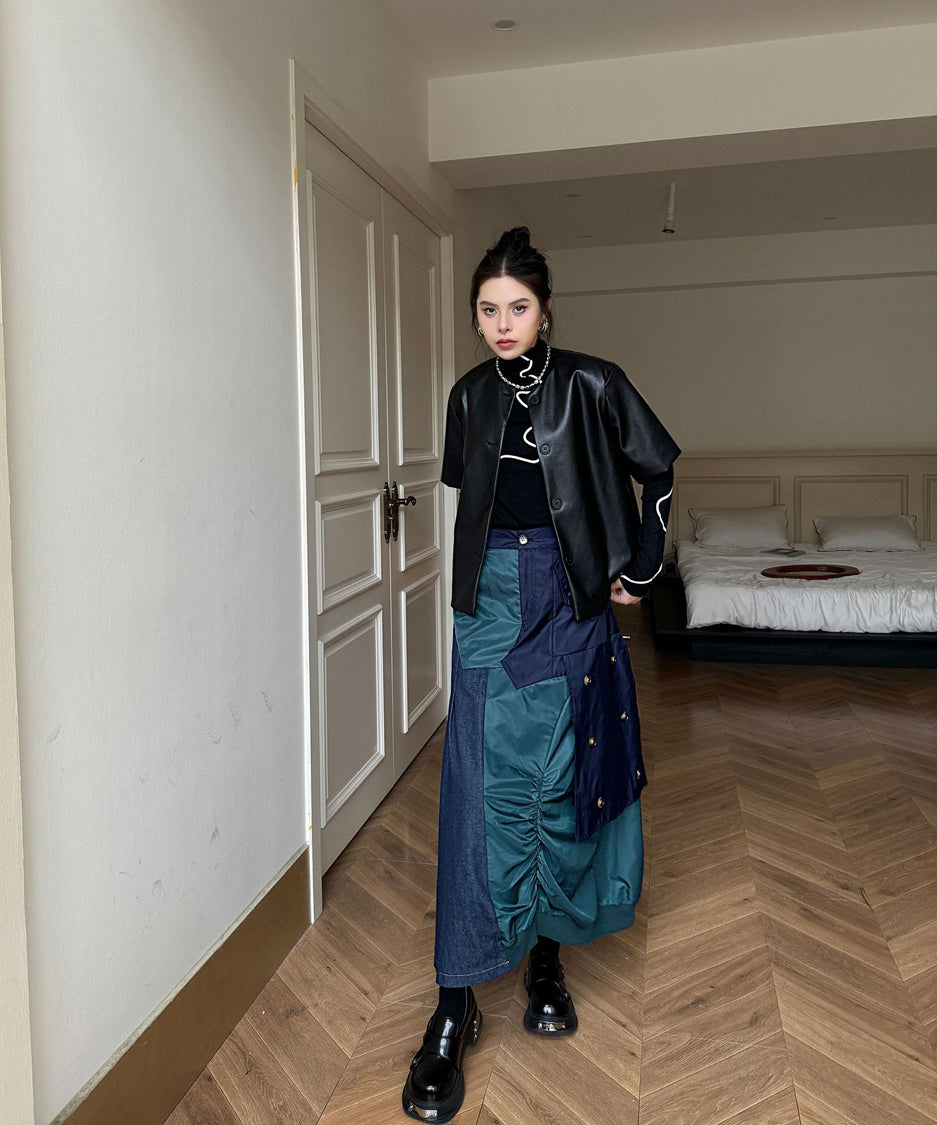 Contrast Denim High-Waist Skirt