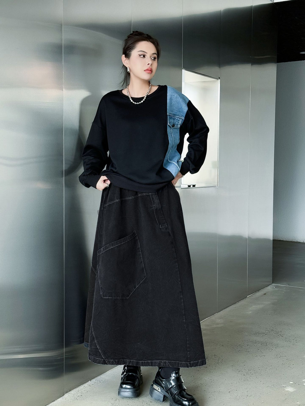 Big Pocket Denim Flare Skirt