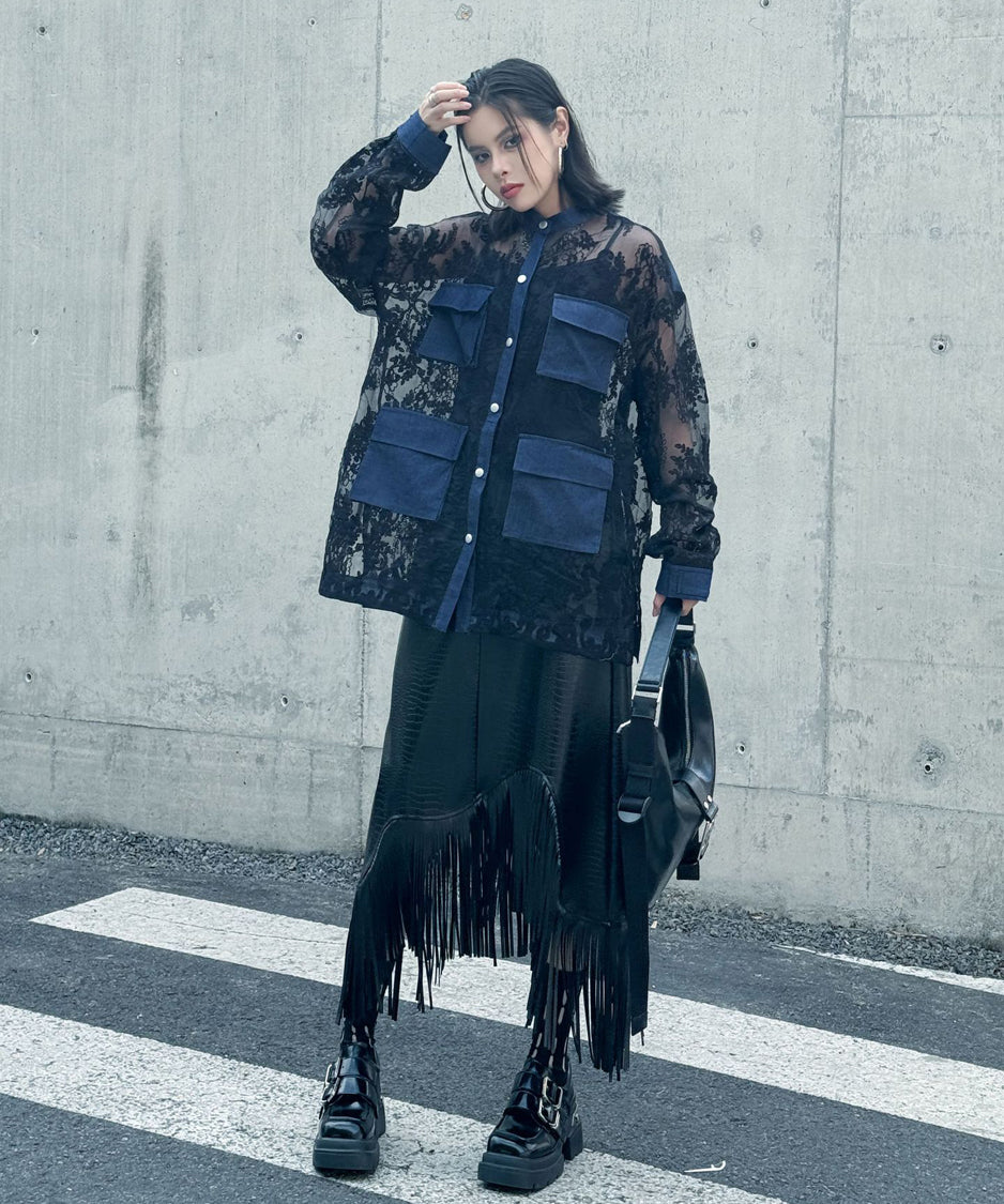 Denim stitch lace blouse