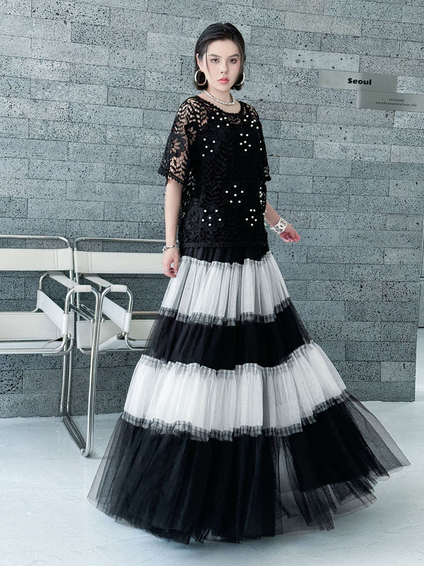 Contrast mesh tiered skirt