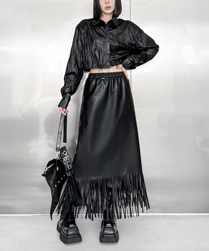 Faux leather fringe skirt