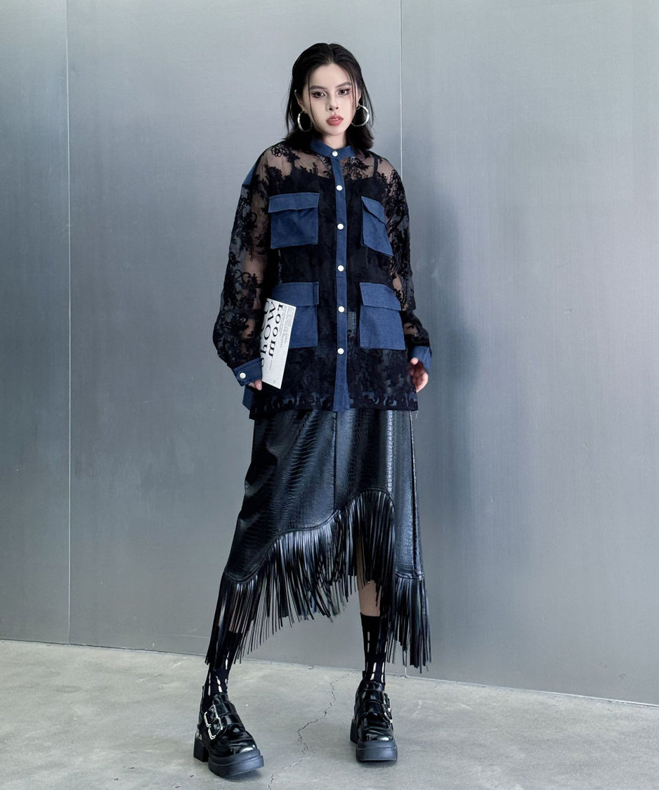 Denim stitch lace blouse