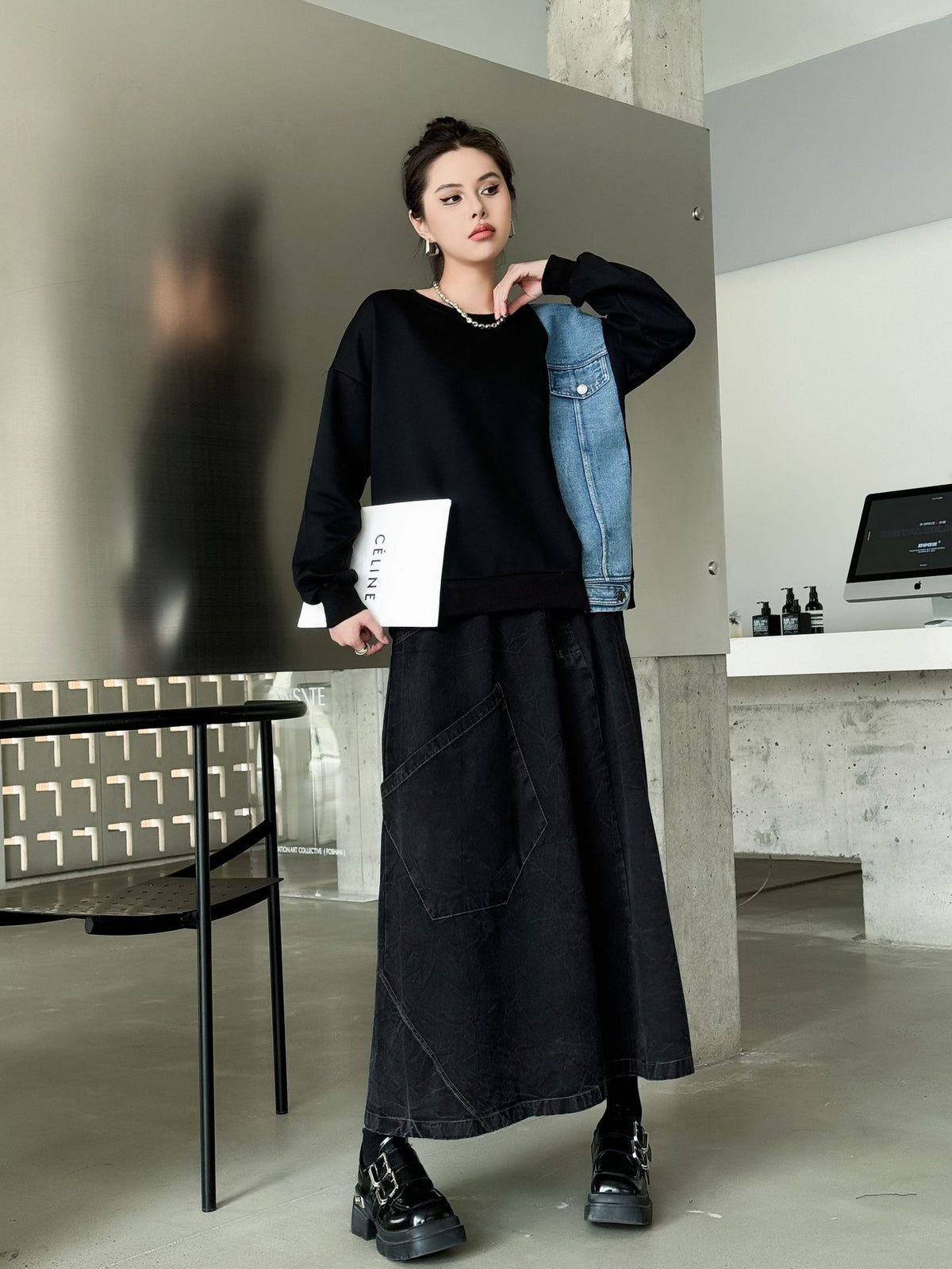 Big Pocket Denim Flare Skirt