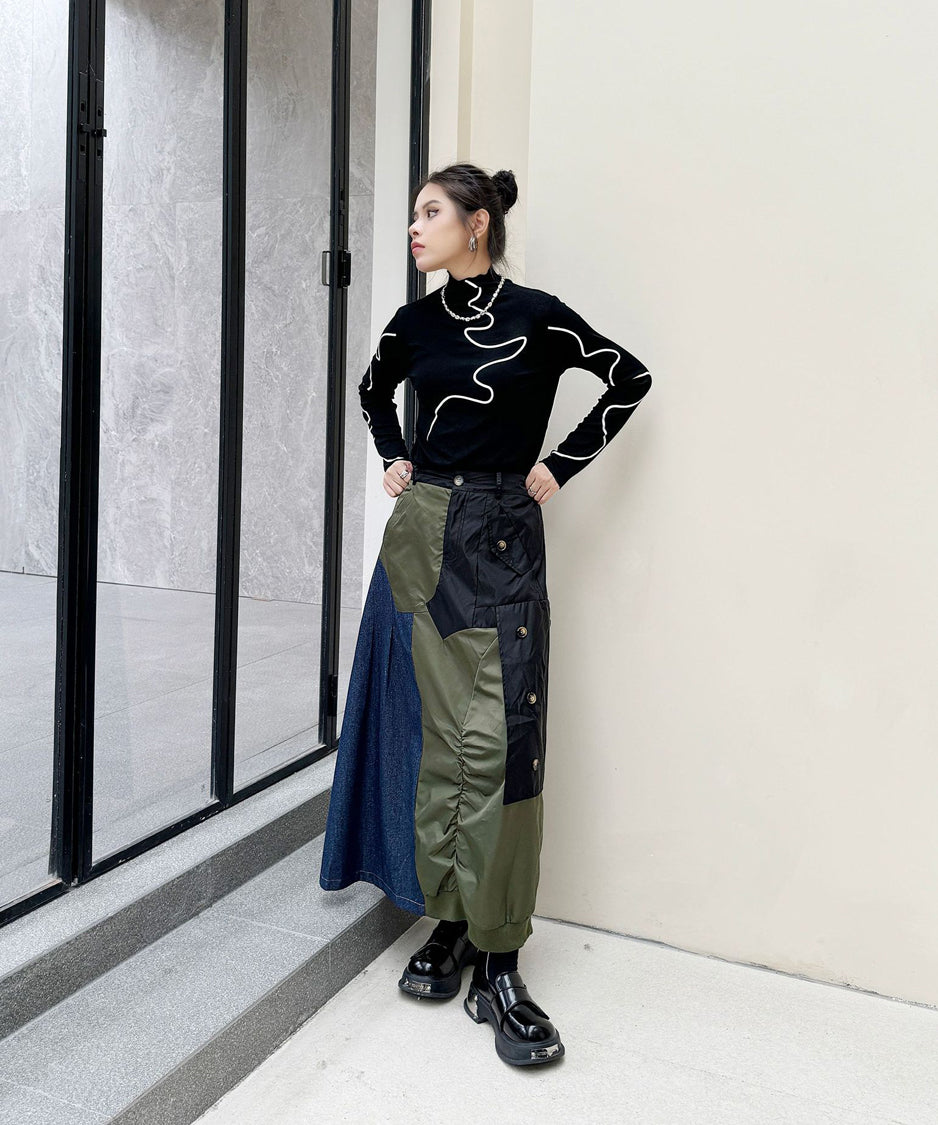 Contrast Denim High-Waist Skirt