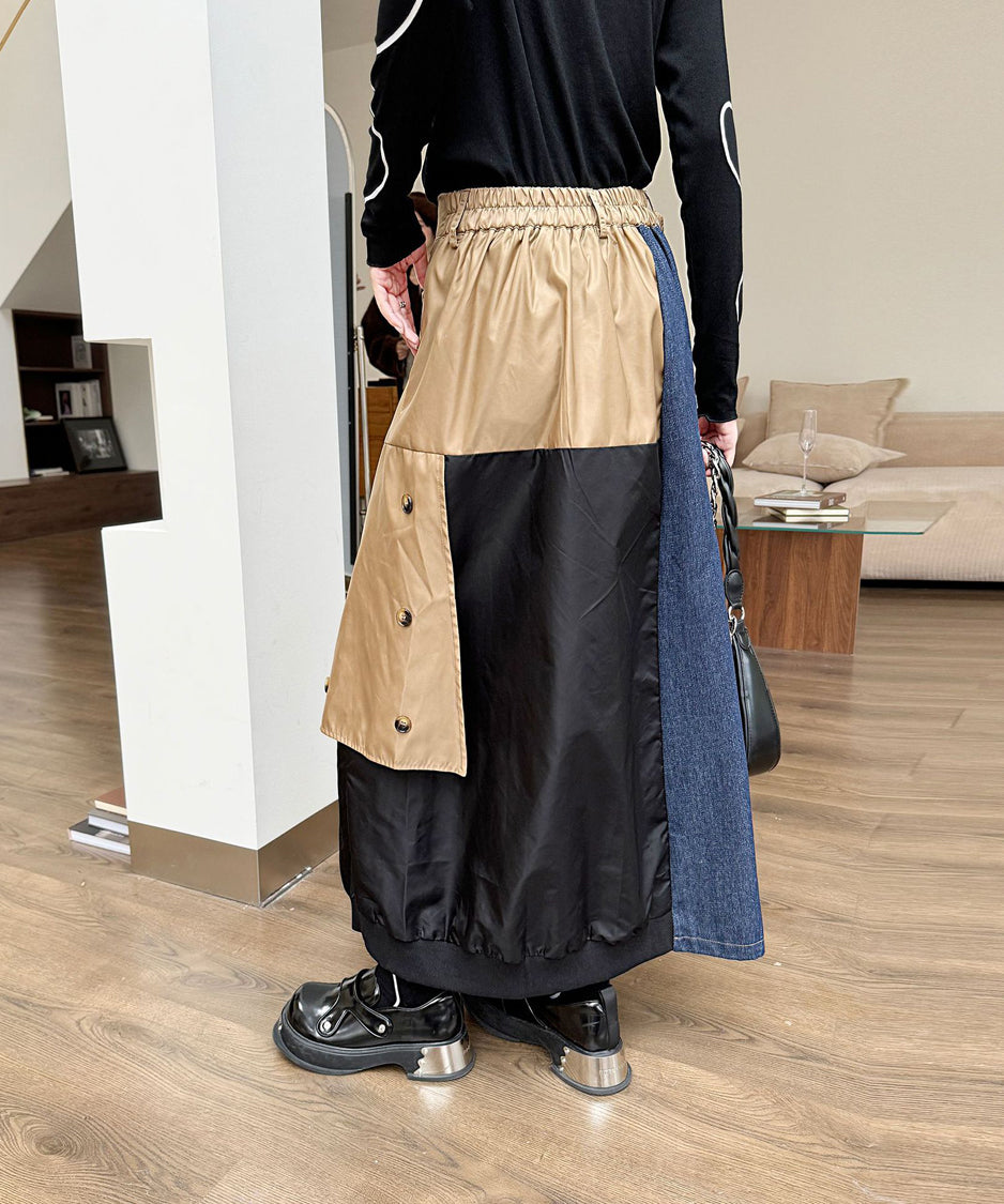 Contrast Denim High-Waist Skirt