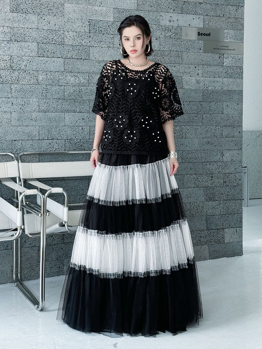 Contrast mesh tiered skirt