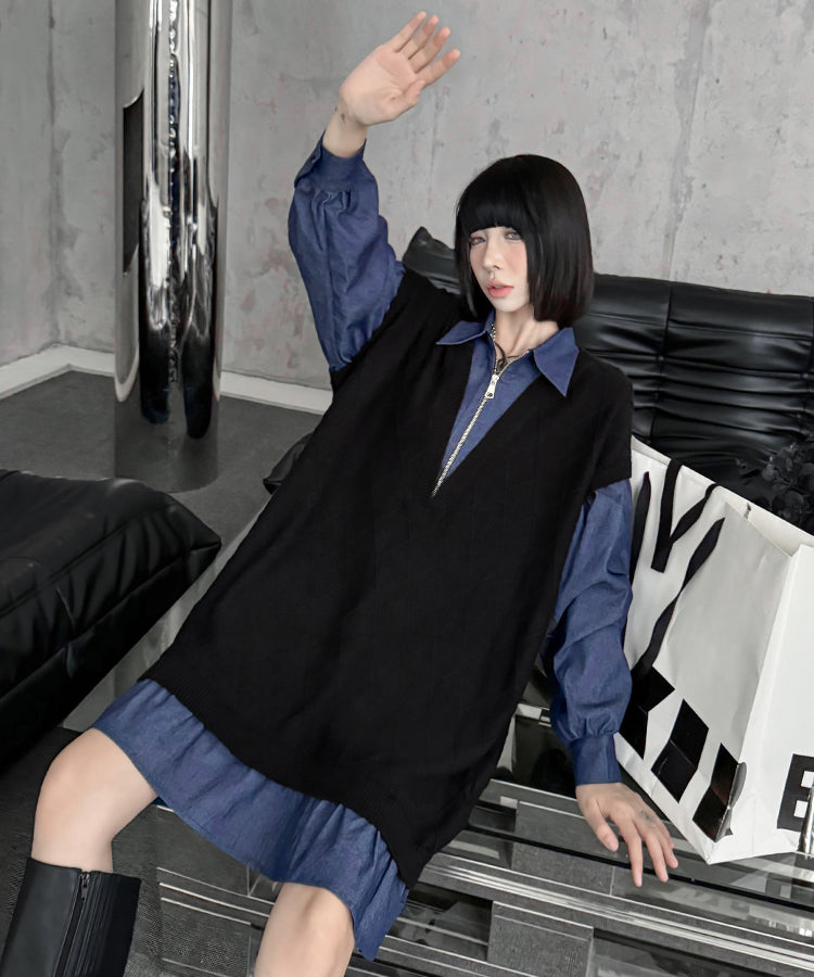 Denim knit layered dress