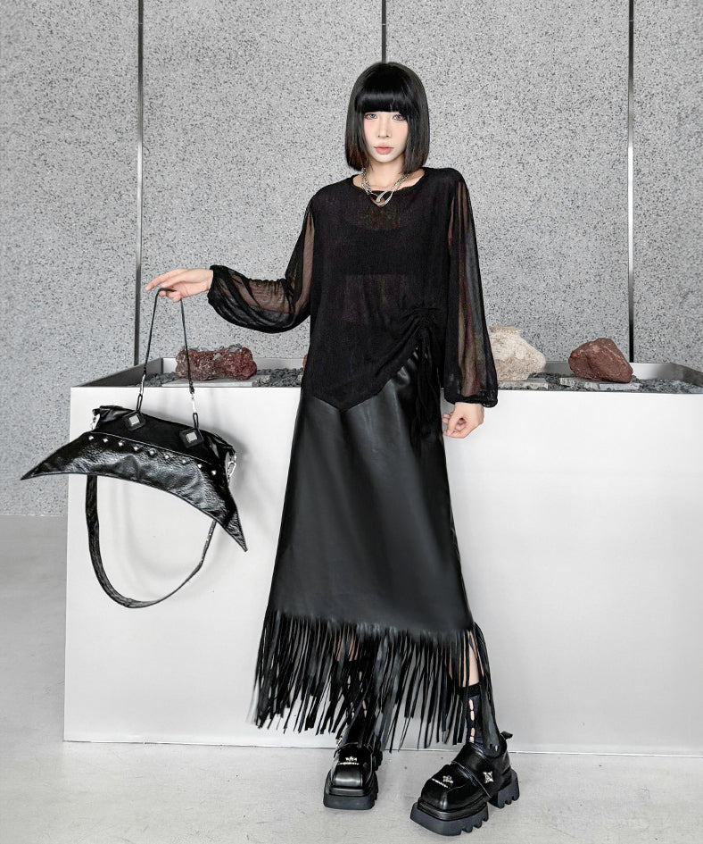 Faux leather fringe skirt