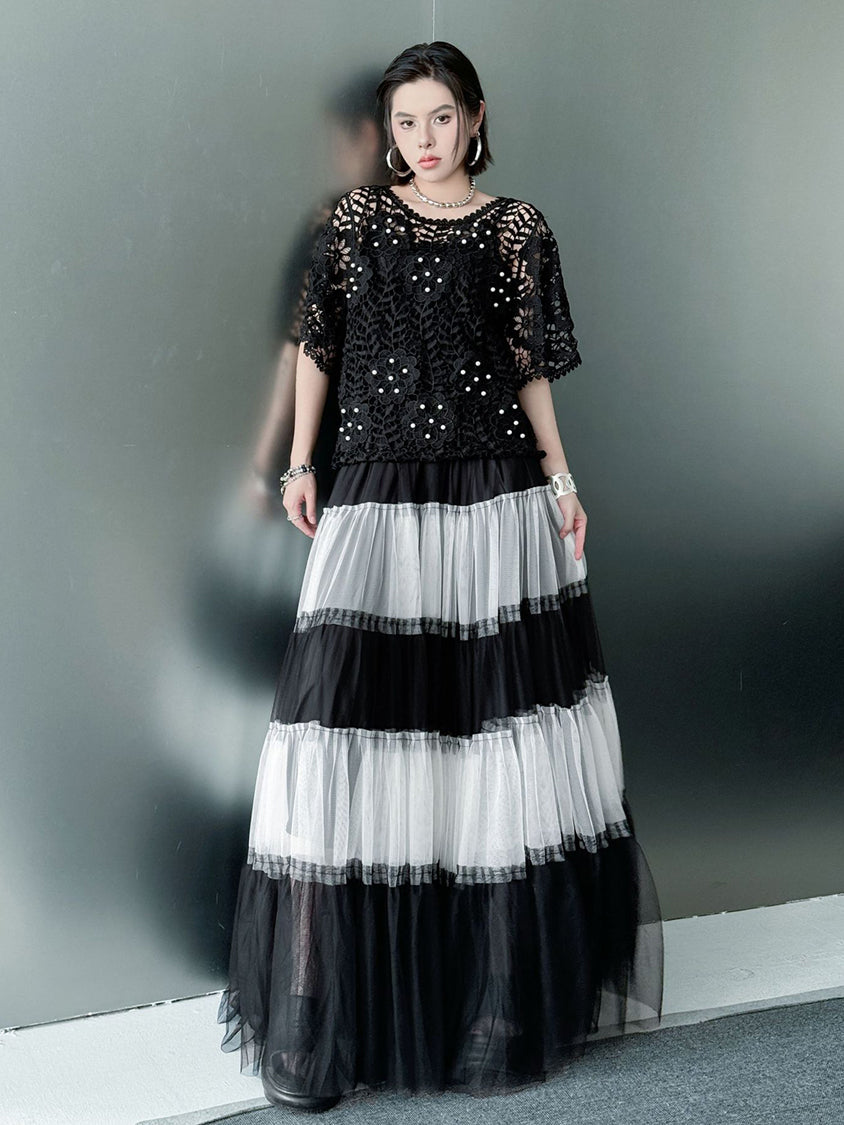 Contrast mesh tiered skirt