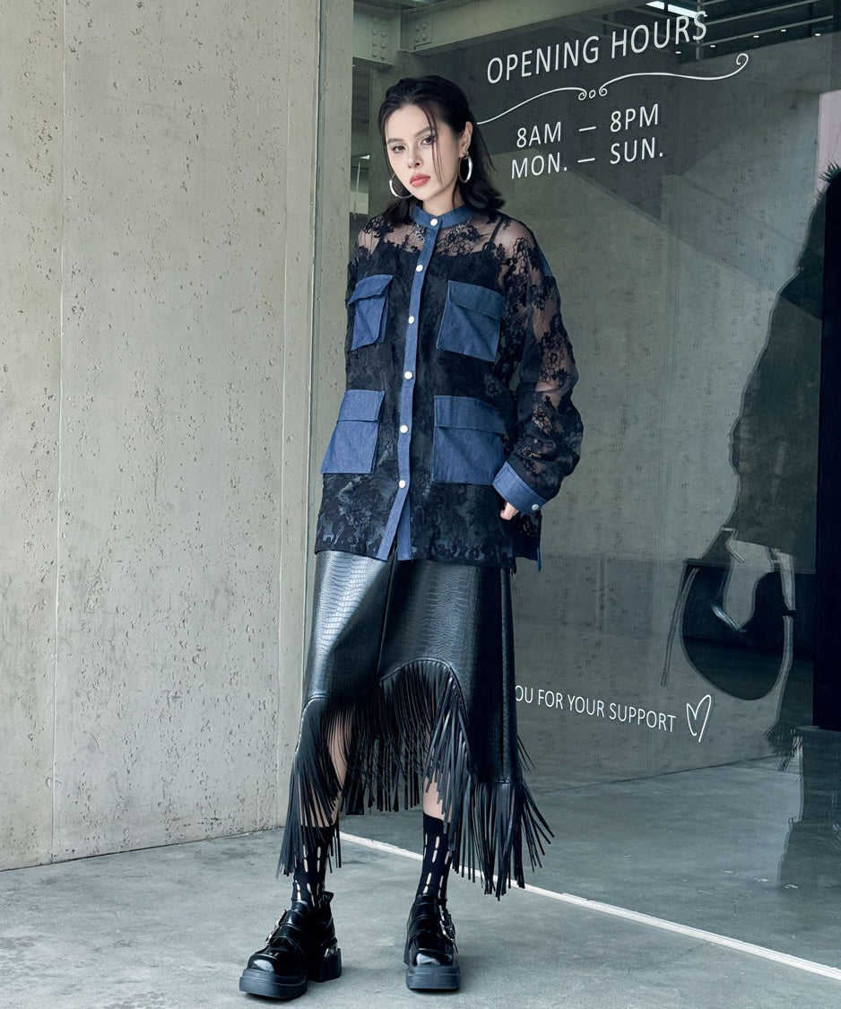 Denim stitch lace blouse
