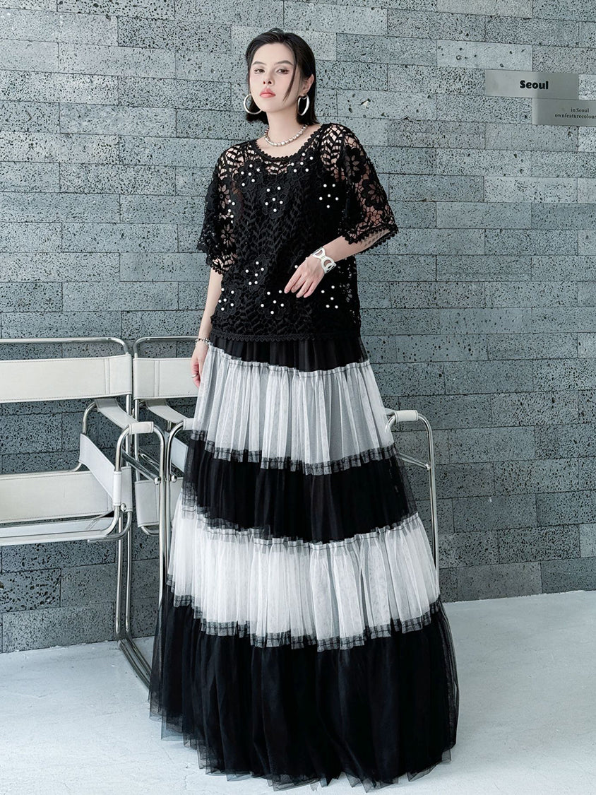 Contrast mesh tiered skirt