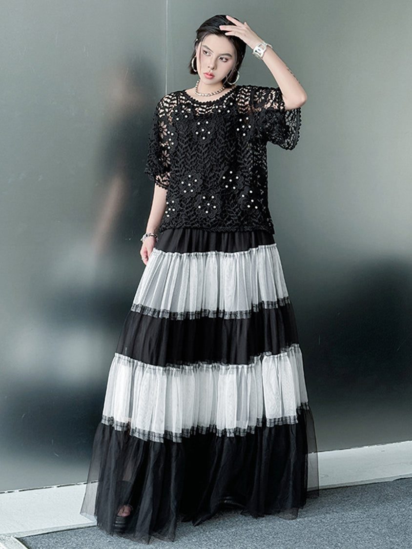 Contrast mesh tiered skirt