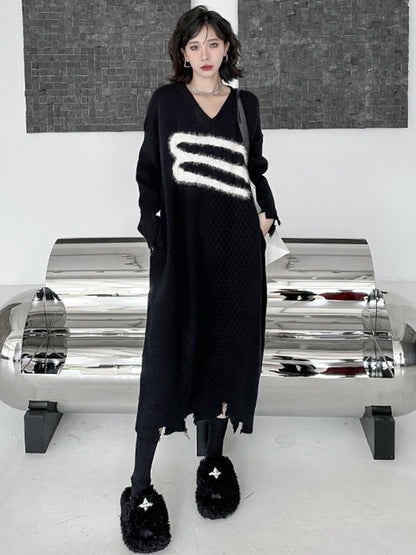 Vネックジャガードニットドレス