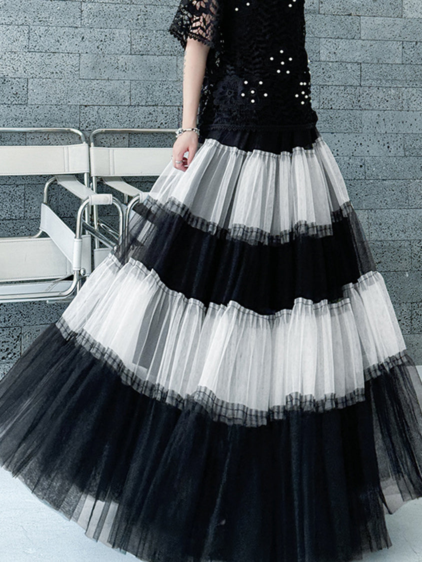 Contrast mesh tiered skirt