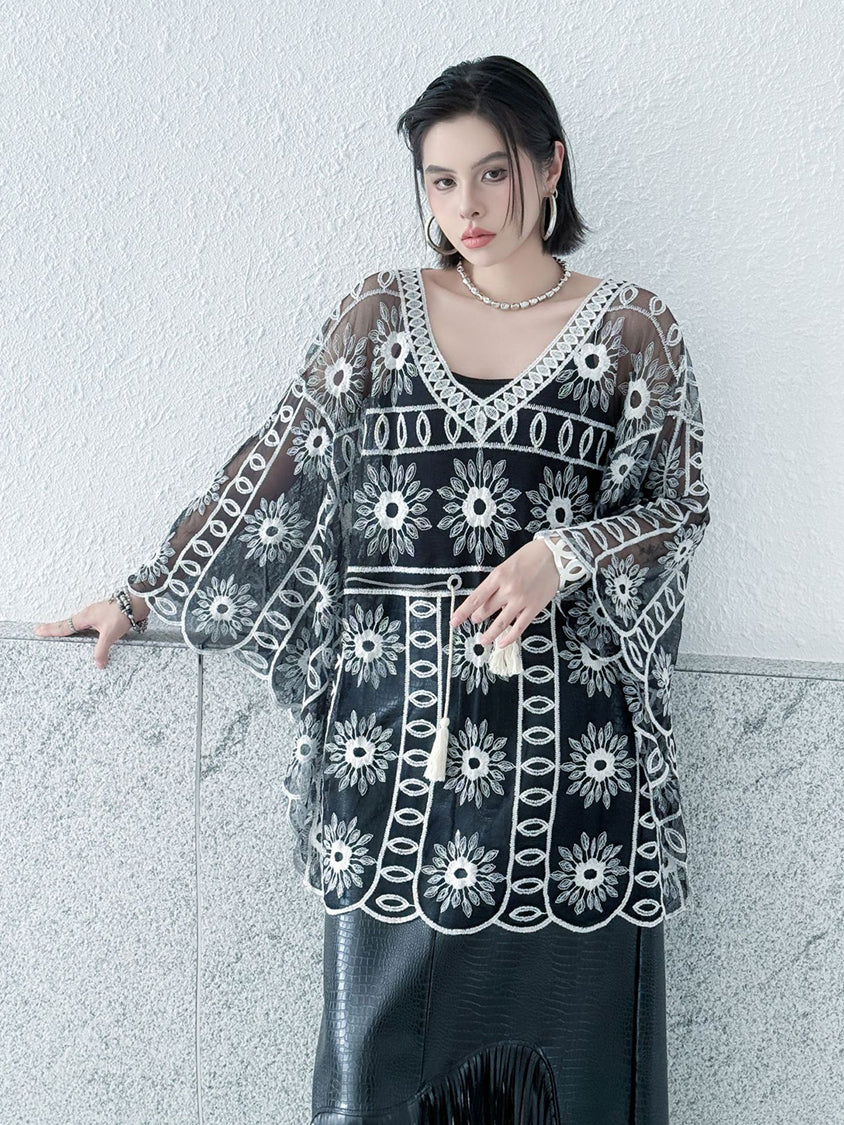 Flower embroidered lace top