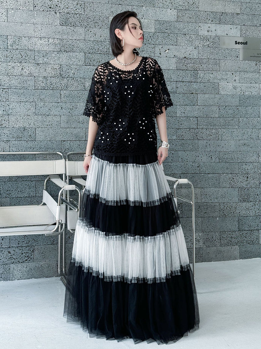 Contrast mesh tiered skirt