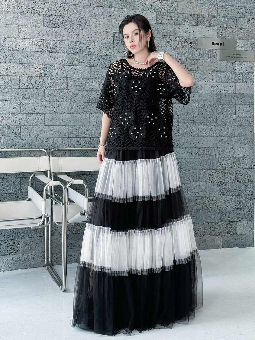 Contrast mesh tiered skirt
