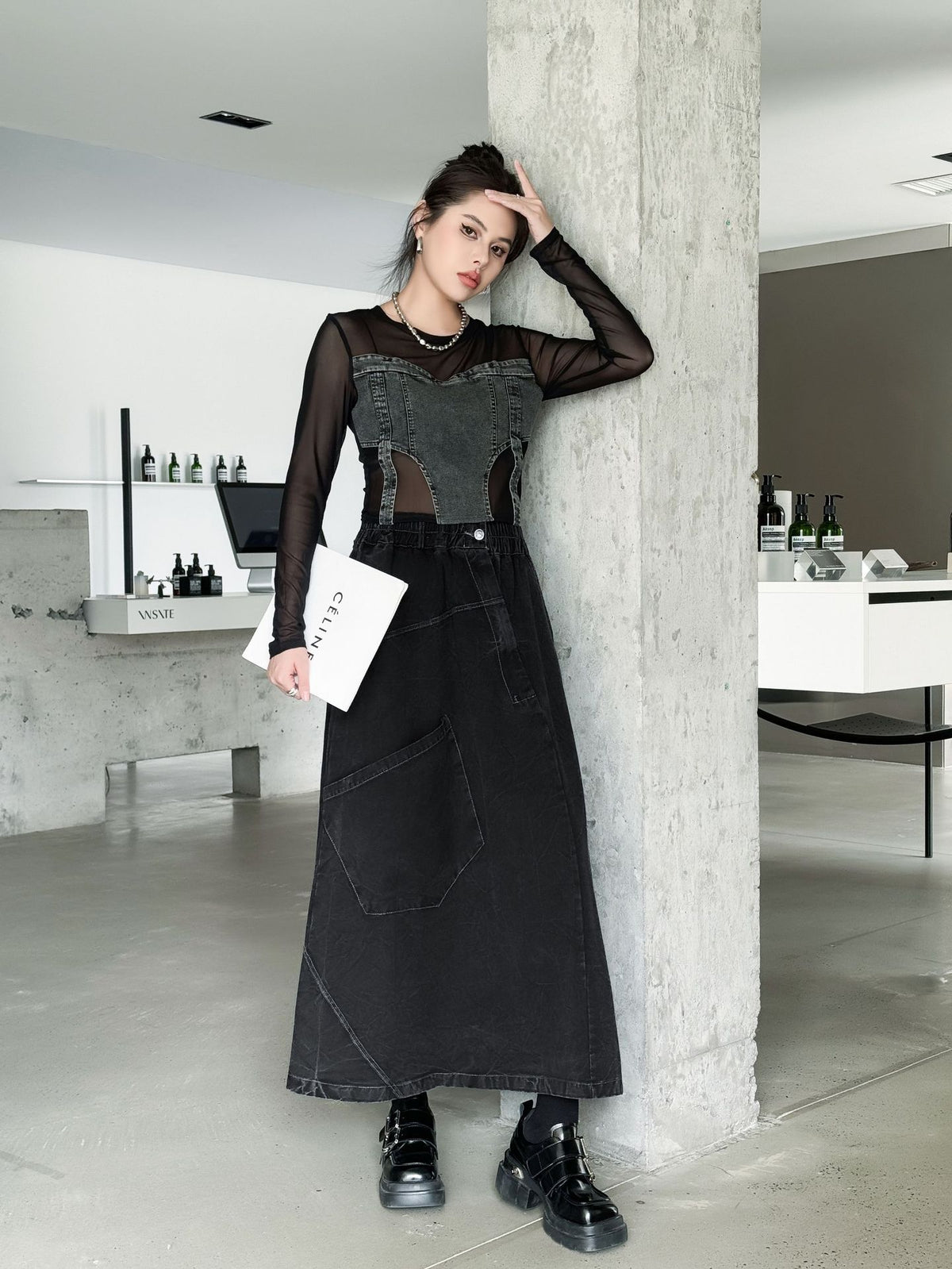 Big Pocket Denim Flare Skirt