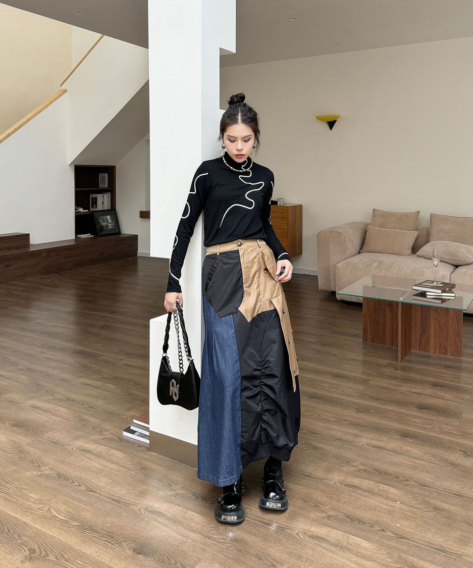 Contrast Denim High-Waist Skirt