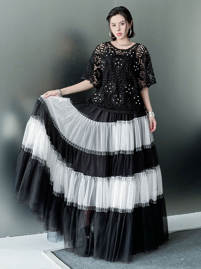 Contrast mesh tiered skirt