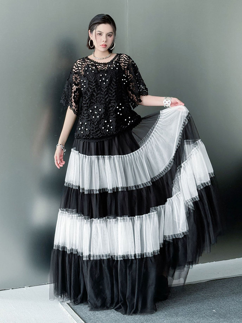 Contrast mesh tiered skirt