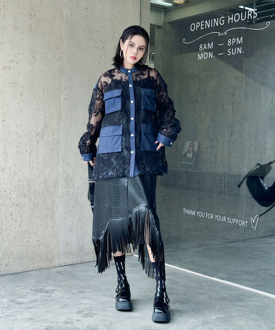Denim stitch lace blouse