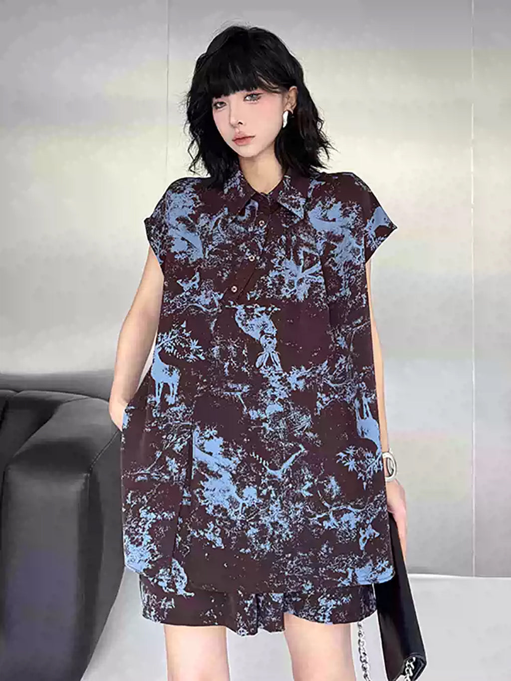 Printed pattern blouse and shorts