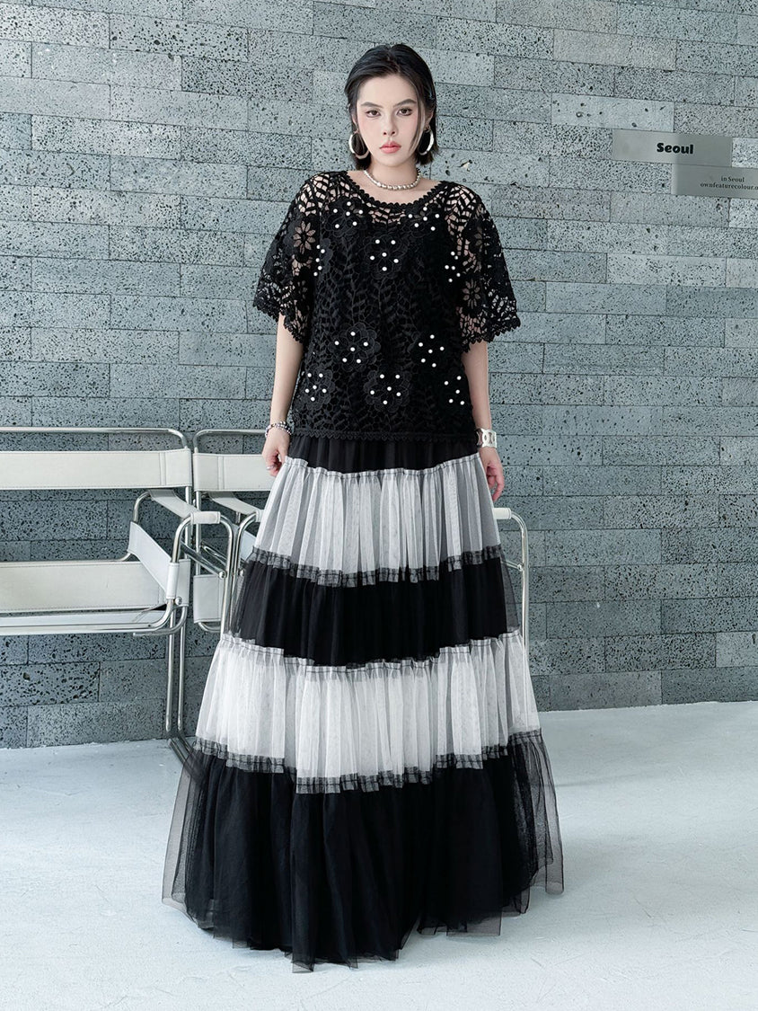 Contrast mesh tiered skirt