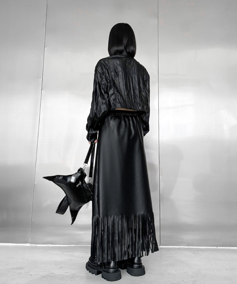 Faux leather fringe skirt