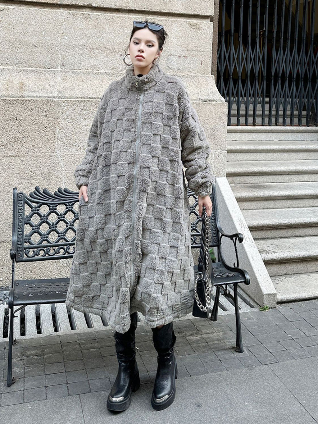 チェッカードパターンボアコート