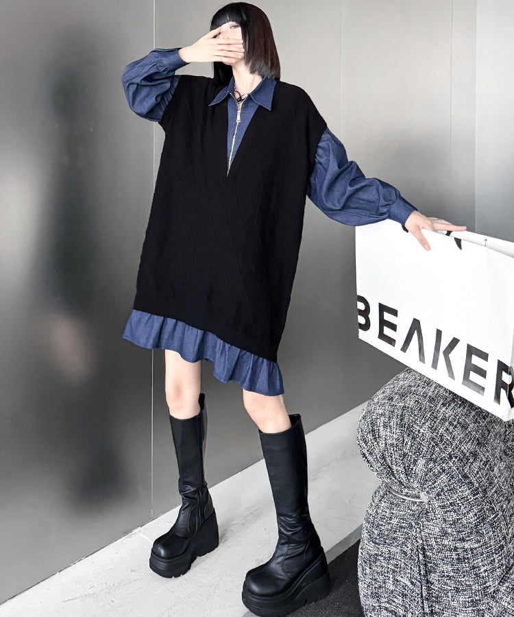 Denim knit layered dress