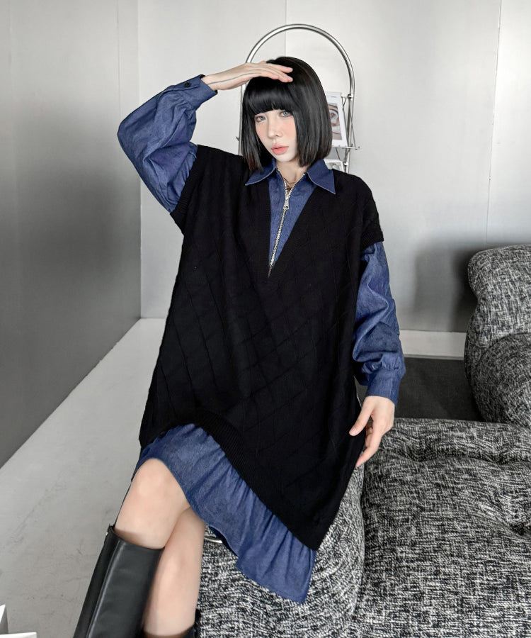 Denim knit layered dress