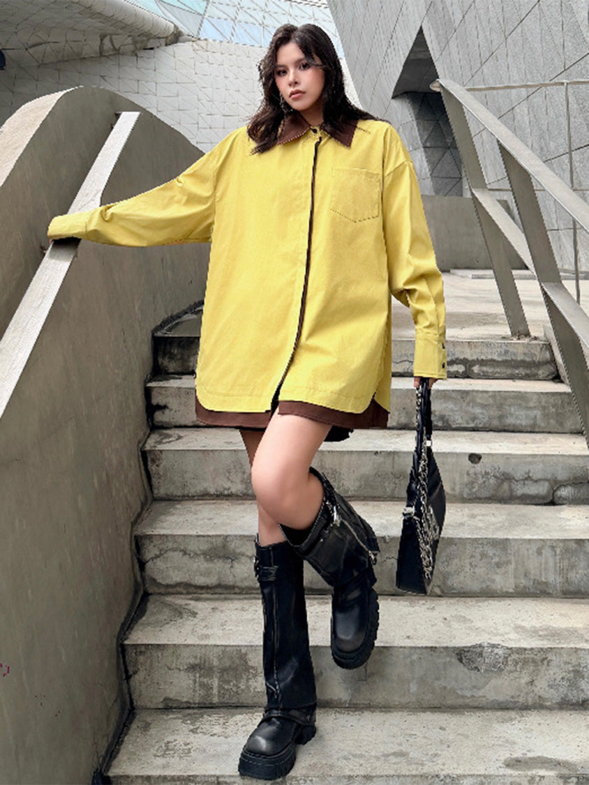 カラーブロックレイヤードシャツトップ