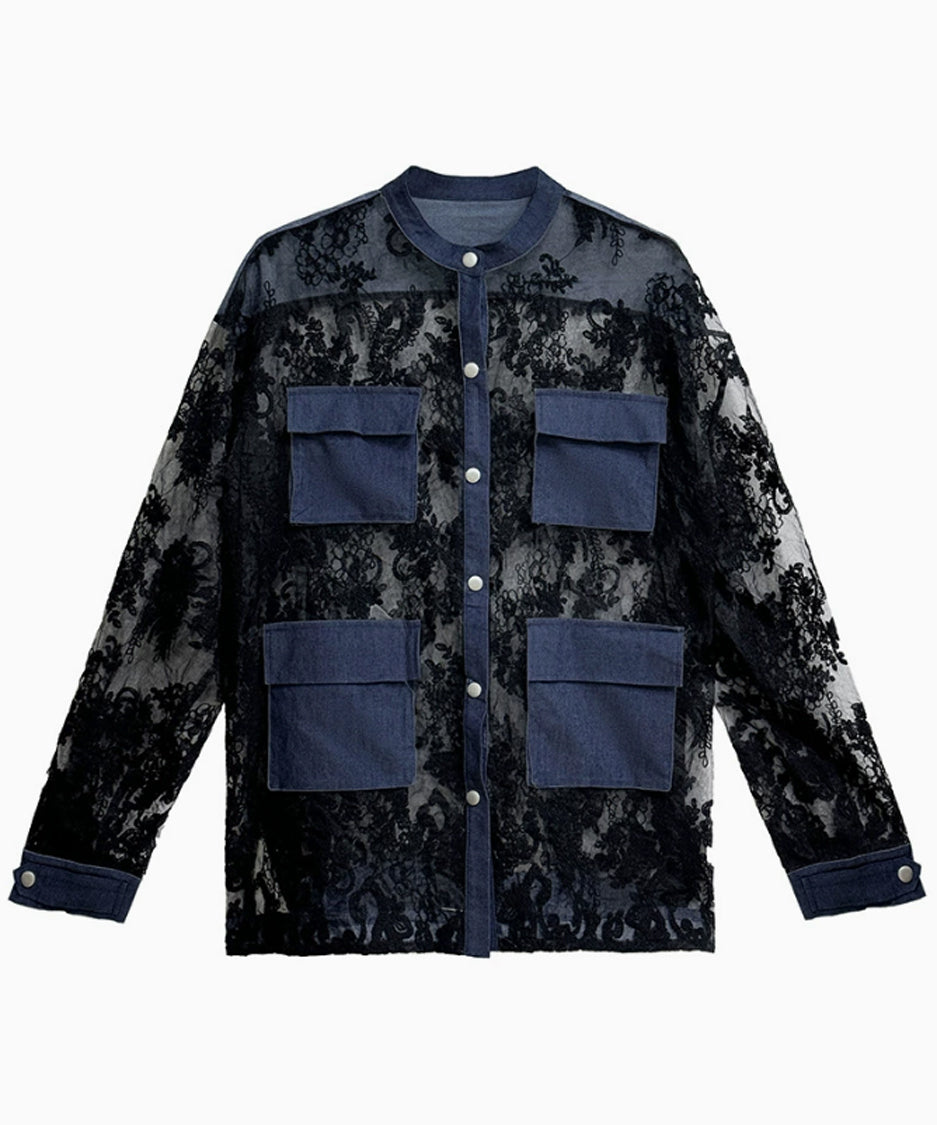 Denim stitch lace blouse