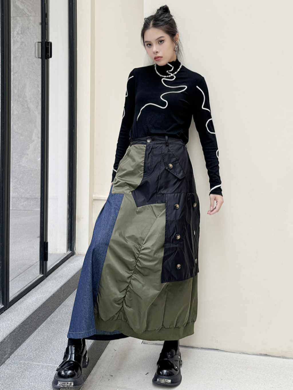 Contrast Denim High-Waist Skirt