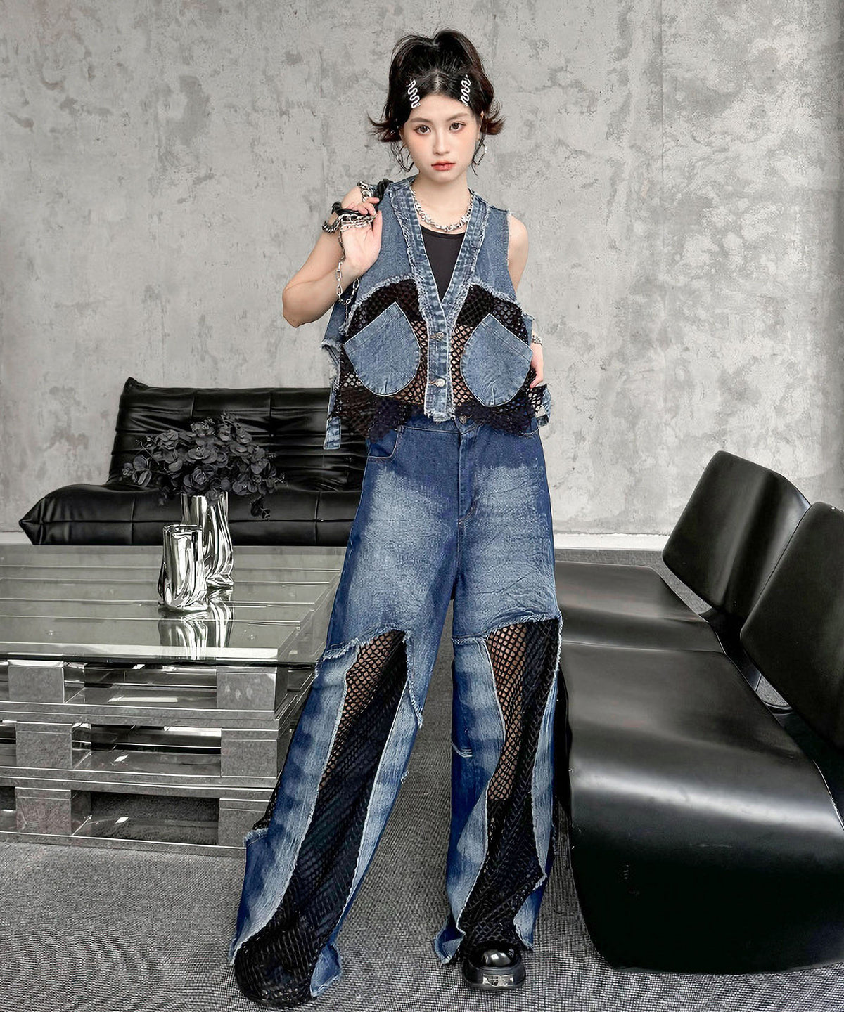 Mesh denim pants