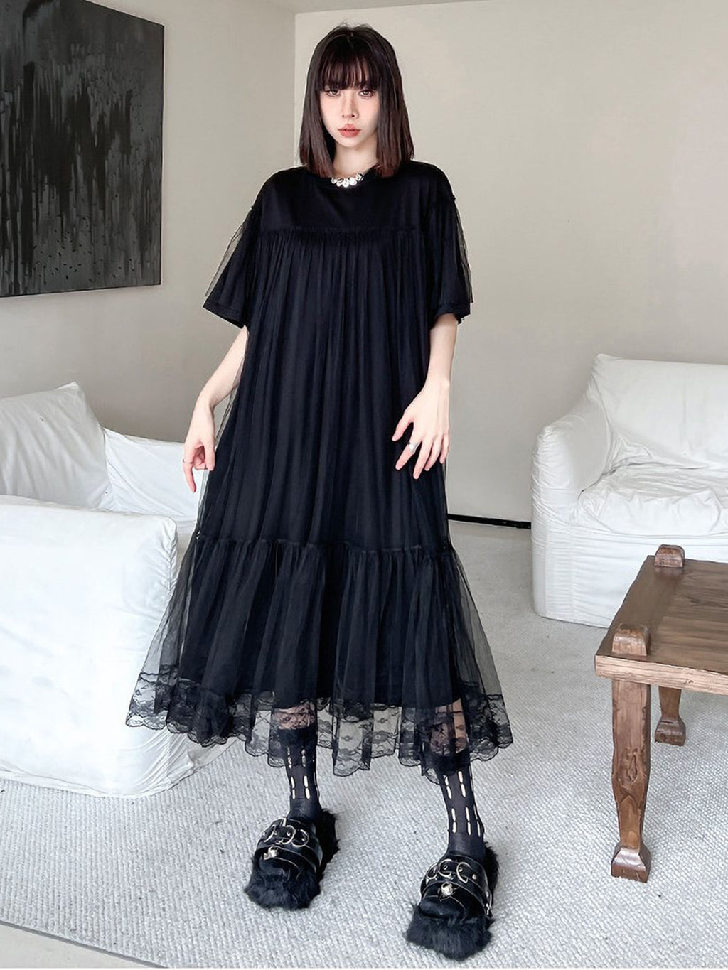 Mesh layered flared dress