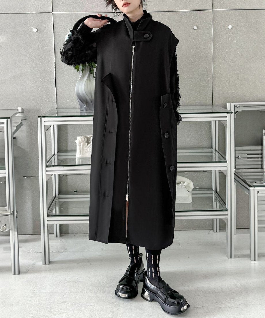 Stand collar zip long vest