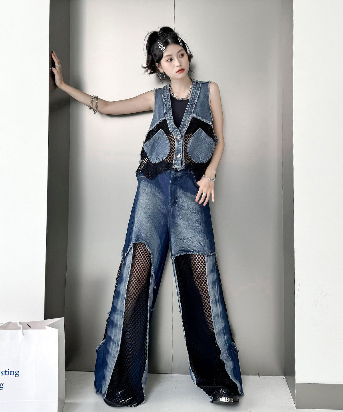 Mesh denim pants