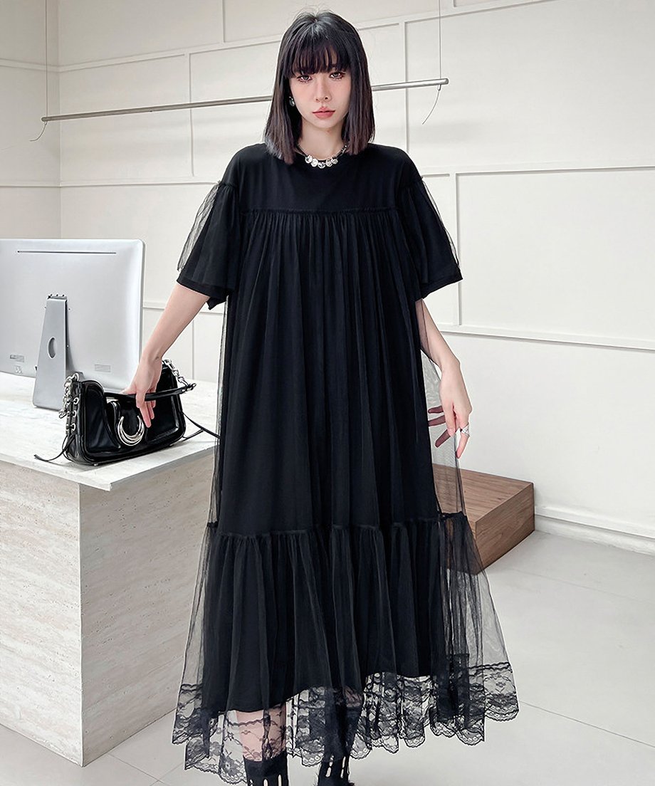 Mesh layered flared dress