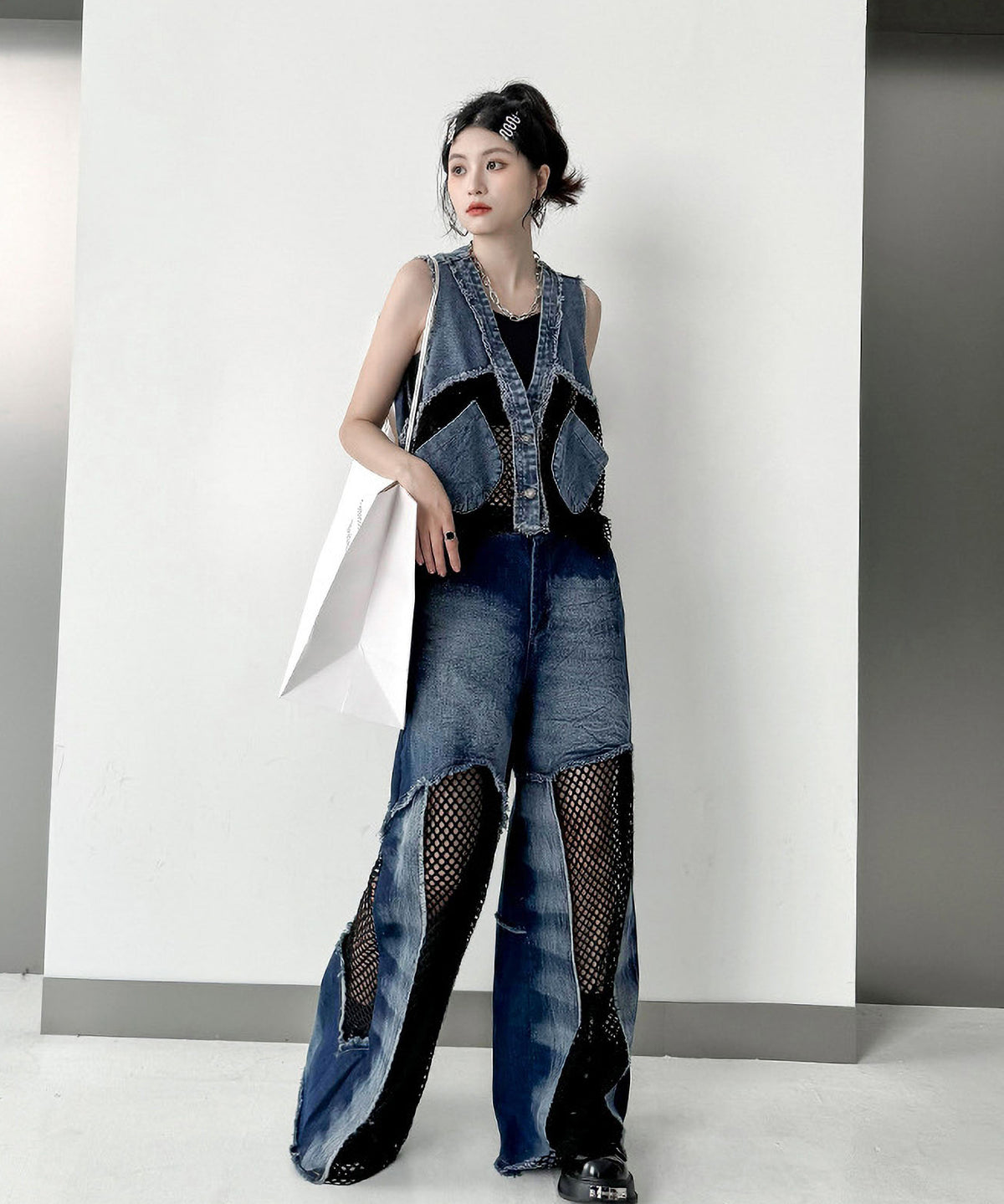 Mesh denim pants
