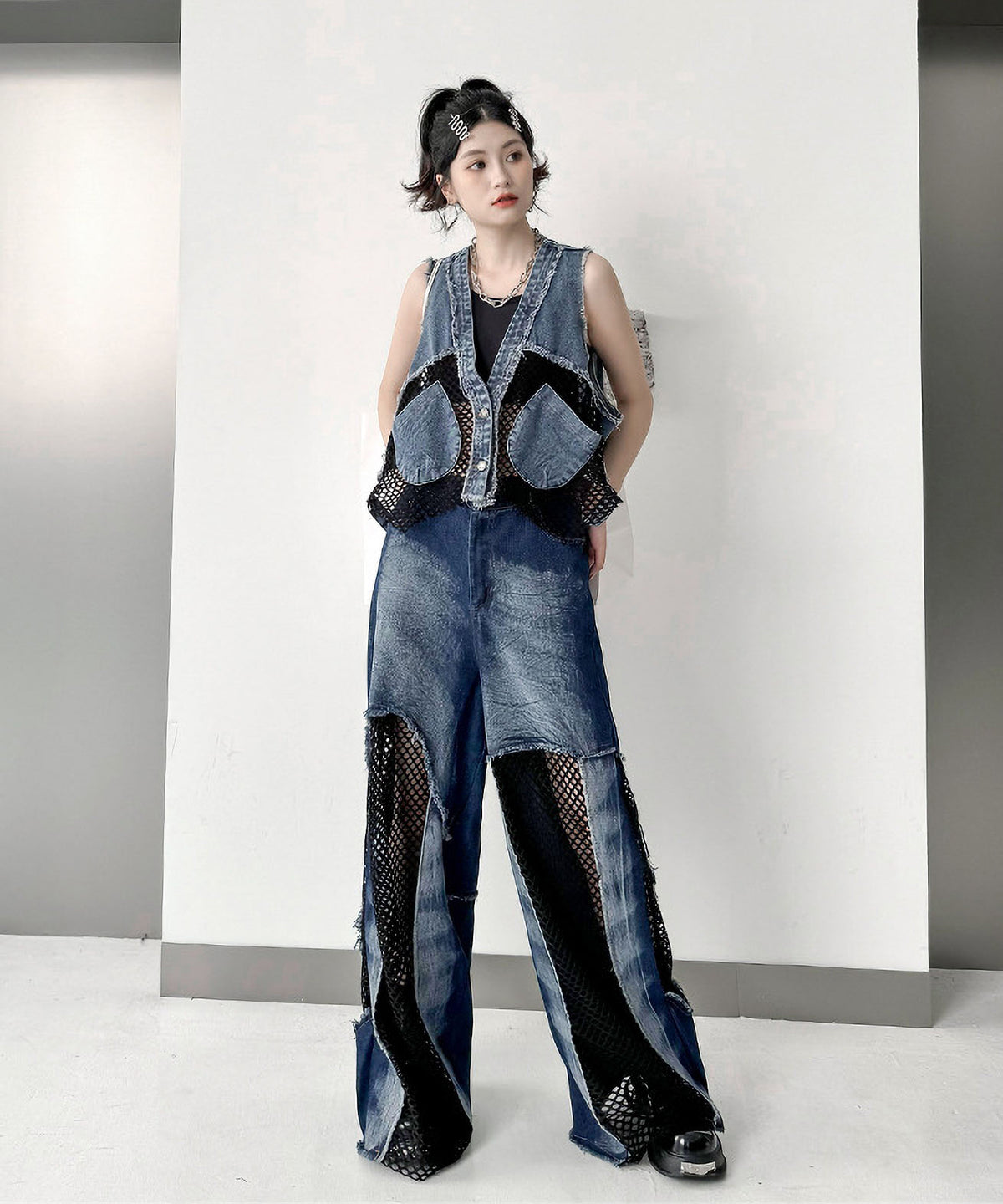 Mesh denim pants