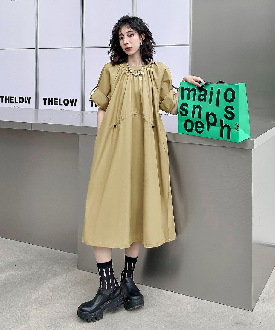 Rolled Sleeve Lace-Up Dress