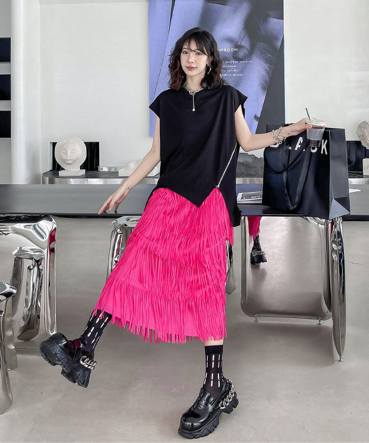 Fringe tiered skirt