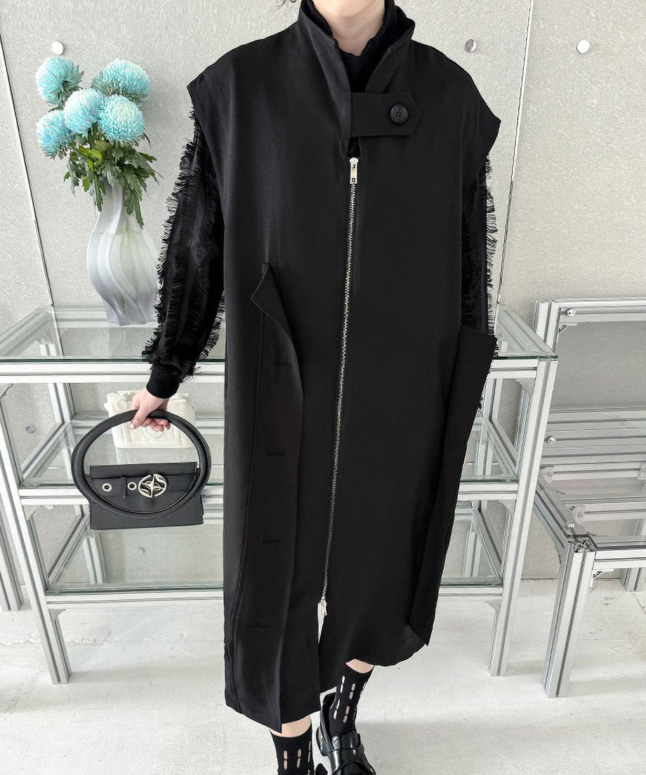 Stand collar zip long vest