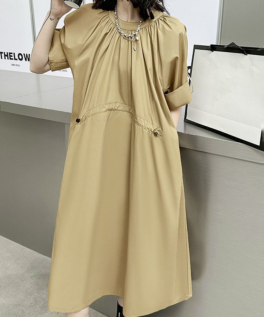 Rolled Sleeve Lace-Up Dress