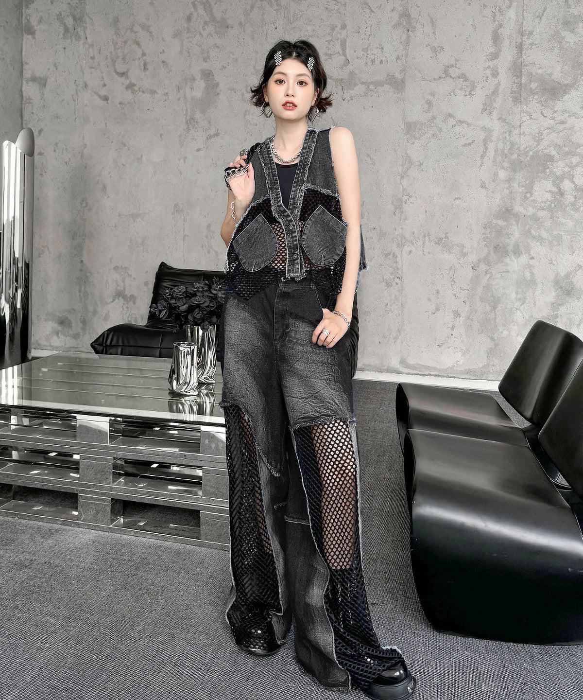 Mesh denim pants